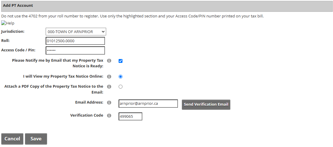 Screenshot of Add Property Tax Account Fields